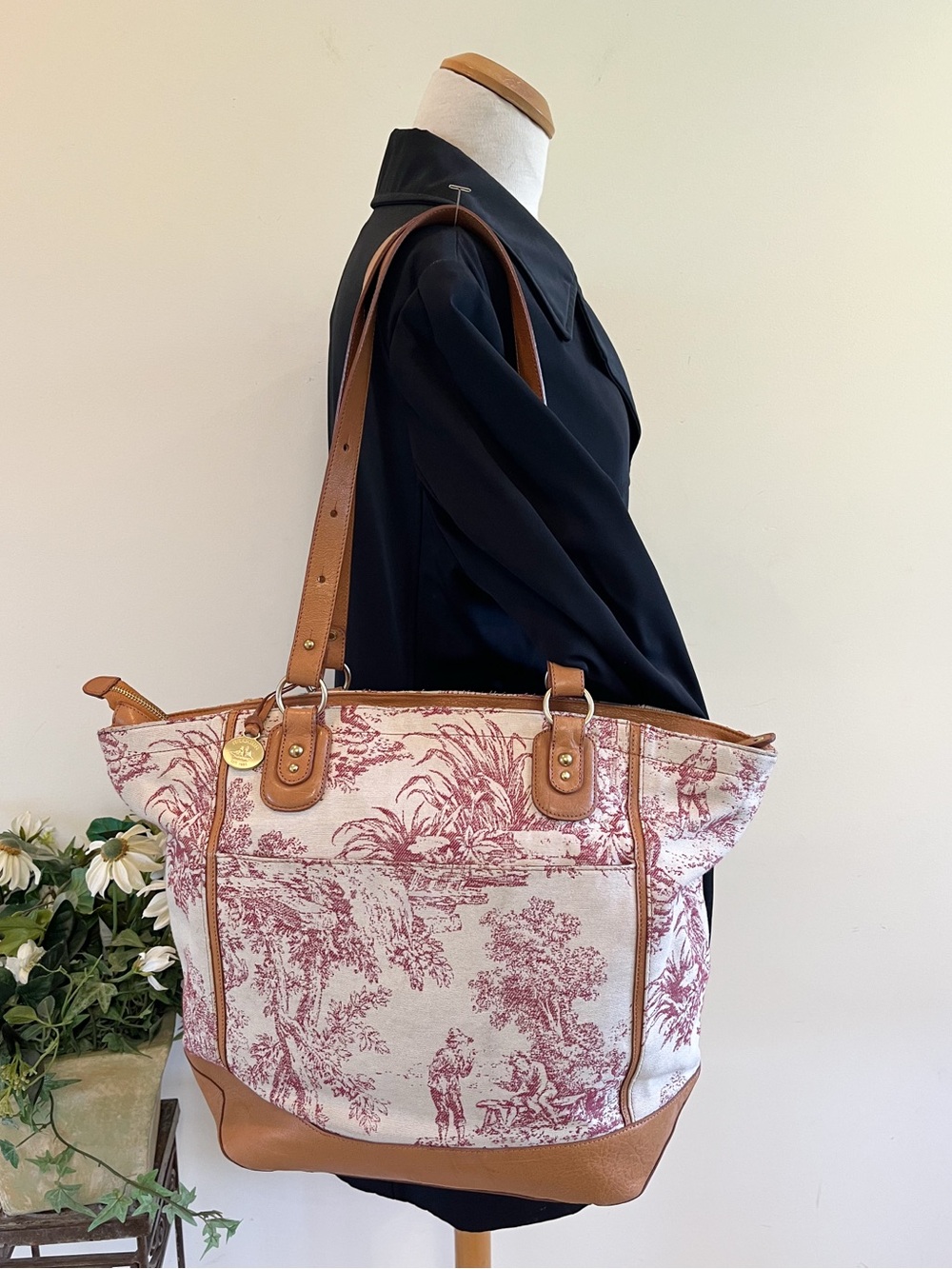 Brahmin French Toile de Jouy Print Canvas and Leather Tote